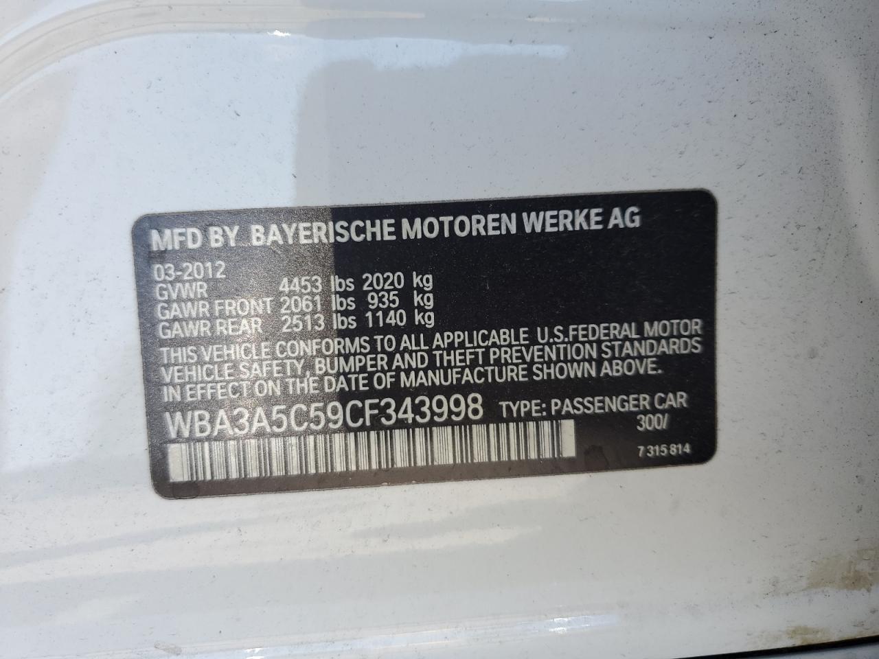 2012 BMW 328 I vin: WBA3A5C59CF343998