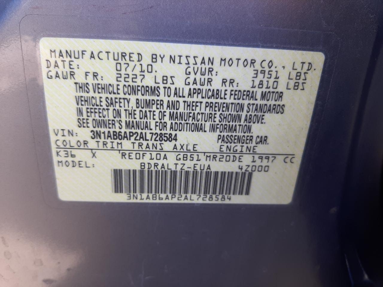 3N1AB6AP2AL728584 2010 Nissan Sentra 2.0