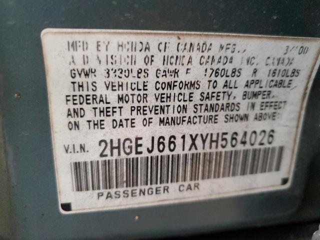 2000 Honda Civic Base VIN: 2HGEJ661XYH564026 Lot: 57963064