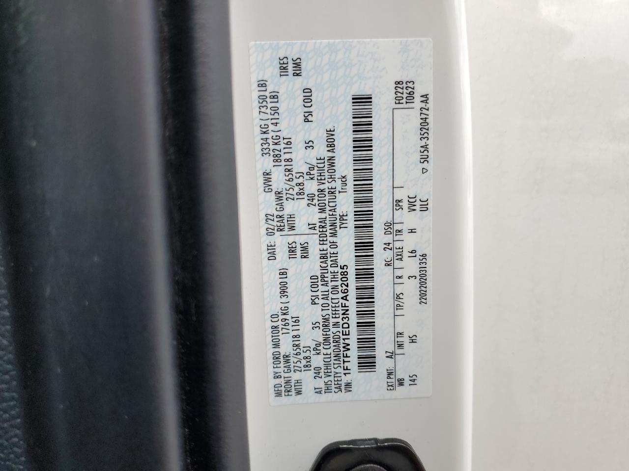 1FTFW1ED3NFA62085 2022 Ford F150 Supercrew