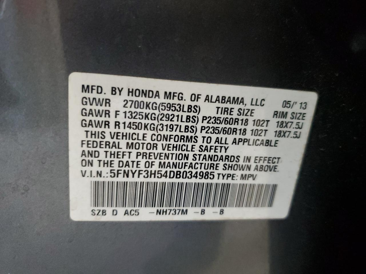 5FNYF3H54DB034985 2013 Honda Pilot Exl