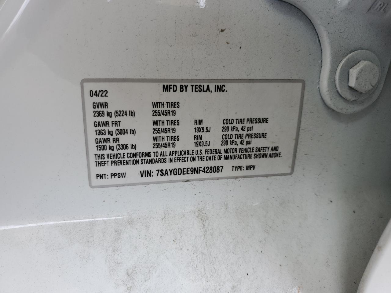 7SAYGDEE9NF428087 2022 Tesla Model Y