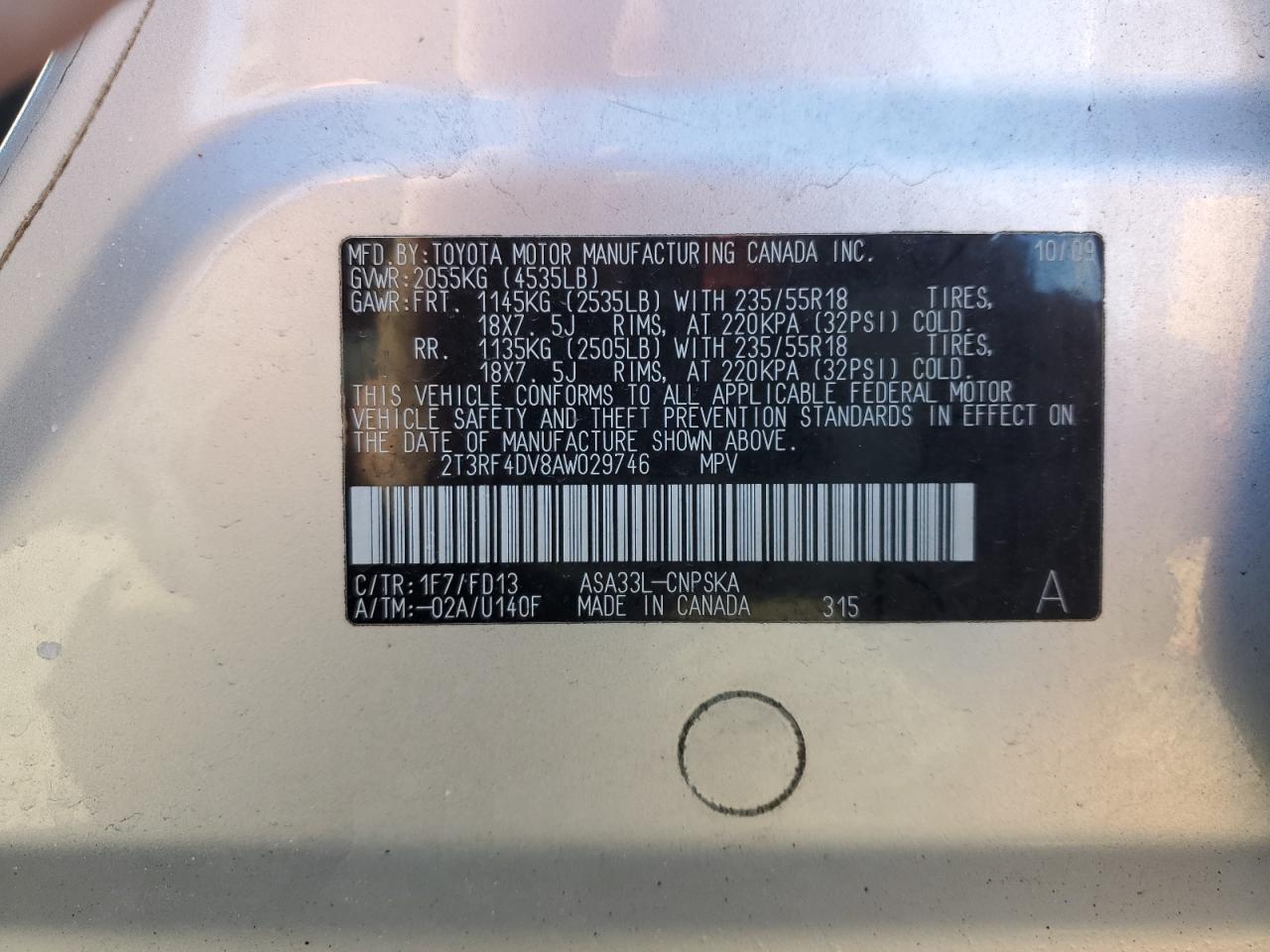 2T3RF4DV8AW029746 2010 Toyota Rav4 Sport