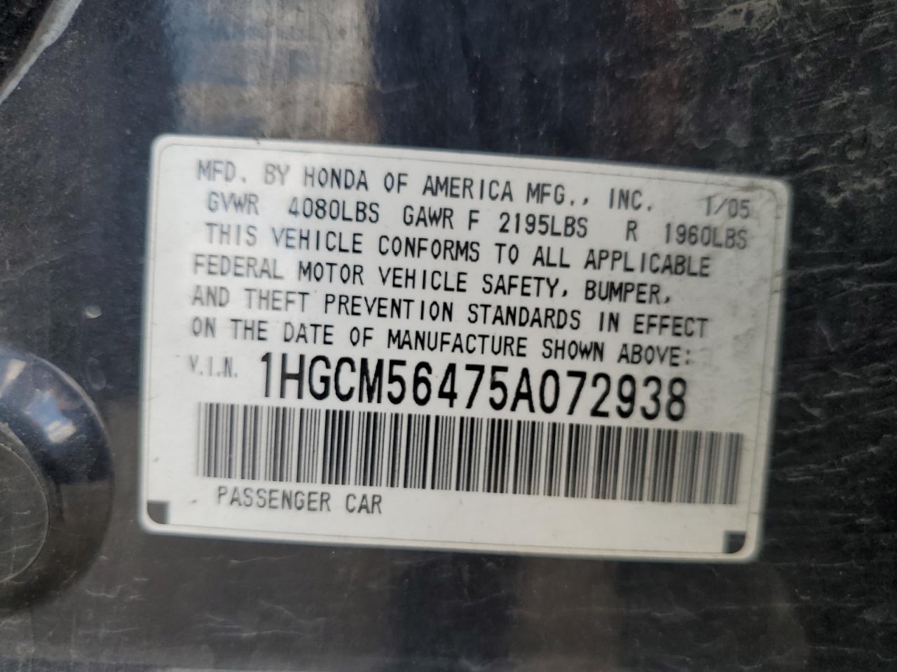 1HGCM56475A072938 2005 Honda Accord Lx