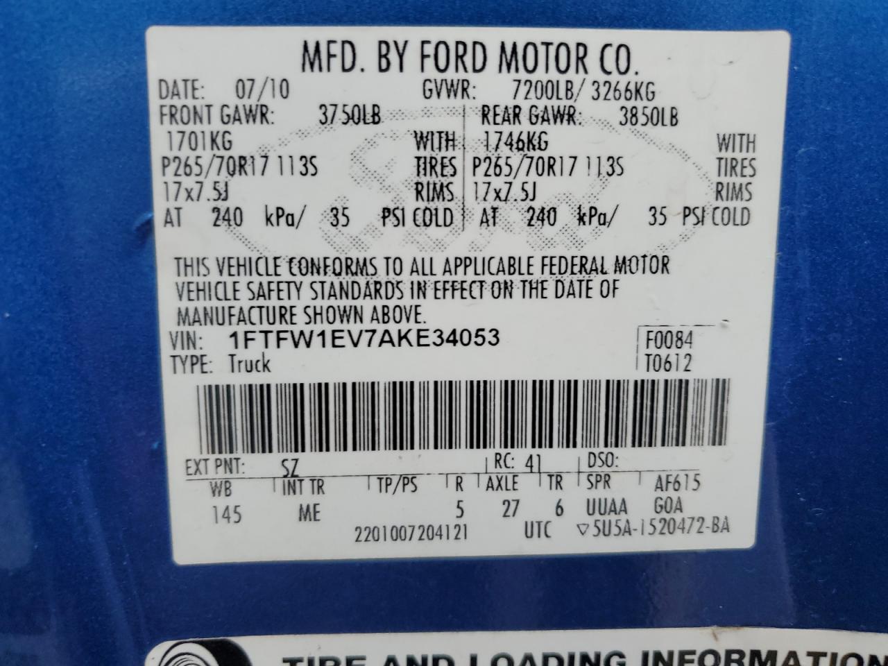 1FTFW1EV7AKE34053 2010 Ford F150 Supercrew