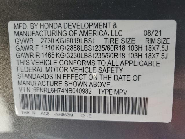 2022 Honda Odyssey Exl VIN: 5FNRL6H74NB040982 Lot: 59824114