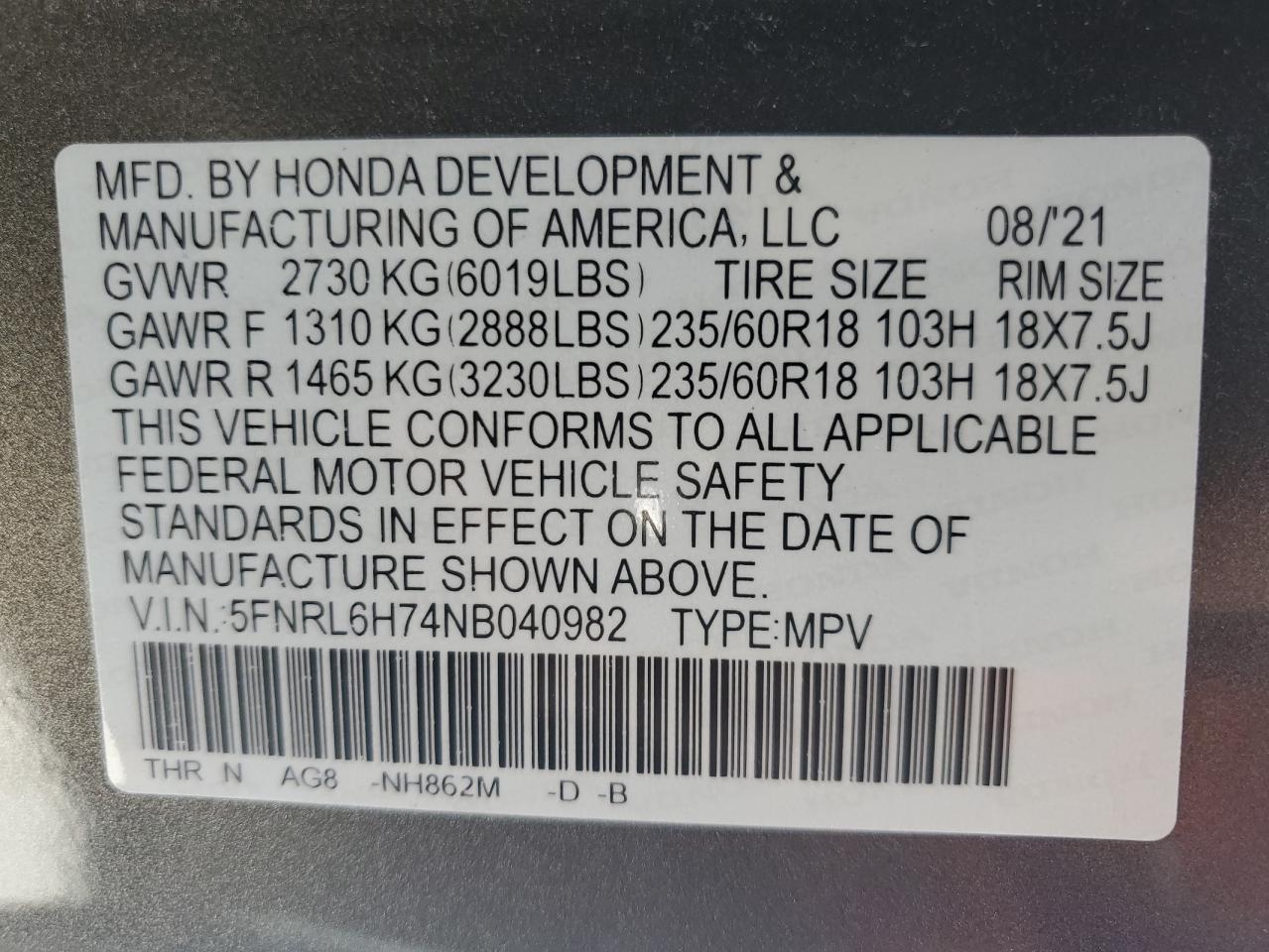 5FNRL6H74NB040982 2022 Honda Odyssey Exl