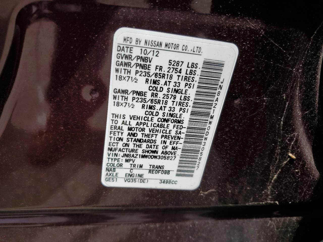 JN8AZ1MW0DW305827 2013 Nissan Murano S