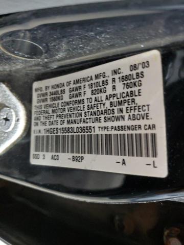 2003 Honda Civic Lx VIN: 1HGES15583L036551 Lot: 58121314