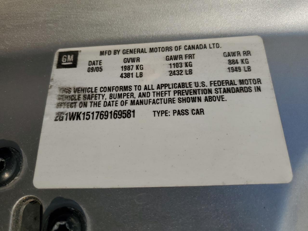 2G1WK151769169581 2006 Chevrolet Monte Carlo Lt