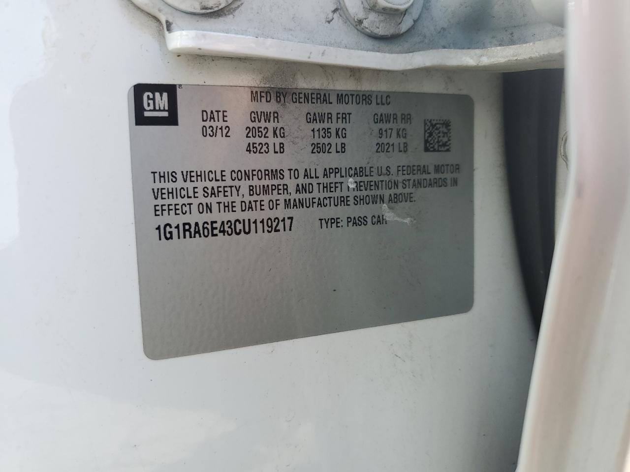 1G1RA6E43CU119217 2012 Chevrolet Volt