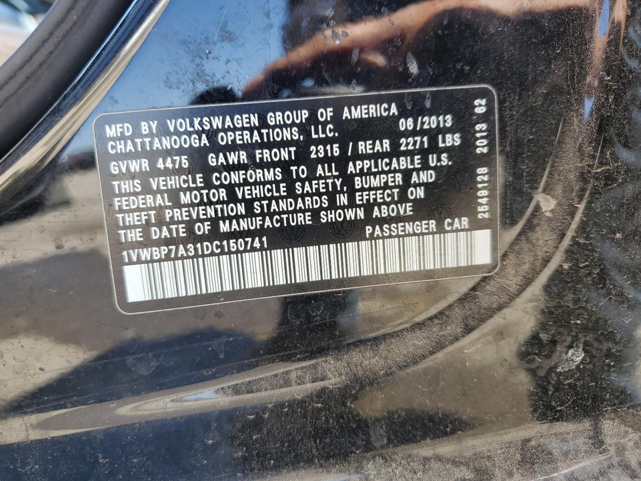 1VWBP7A31DC150741 2013 Volkswagen Passat Se