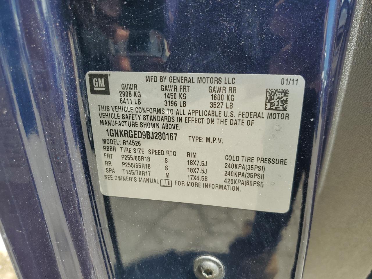 1GNKRGED9BJ280167 2011 Chevrolet Traverse Lt