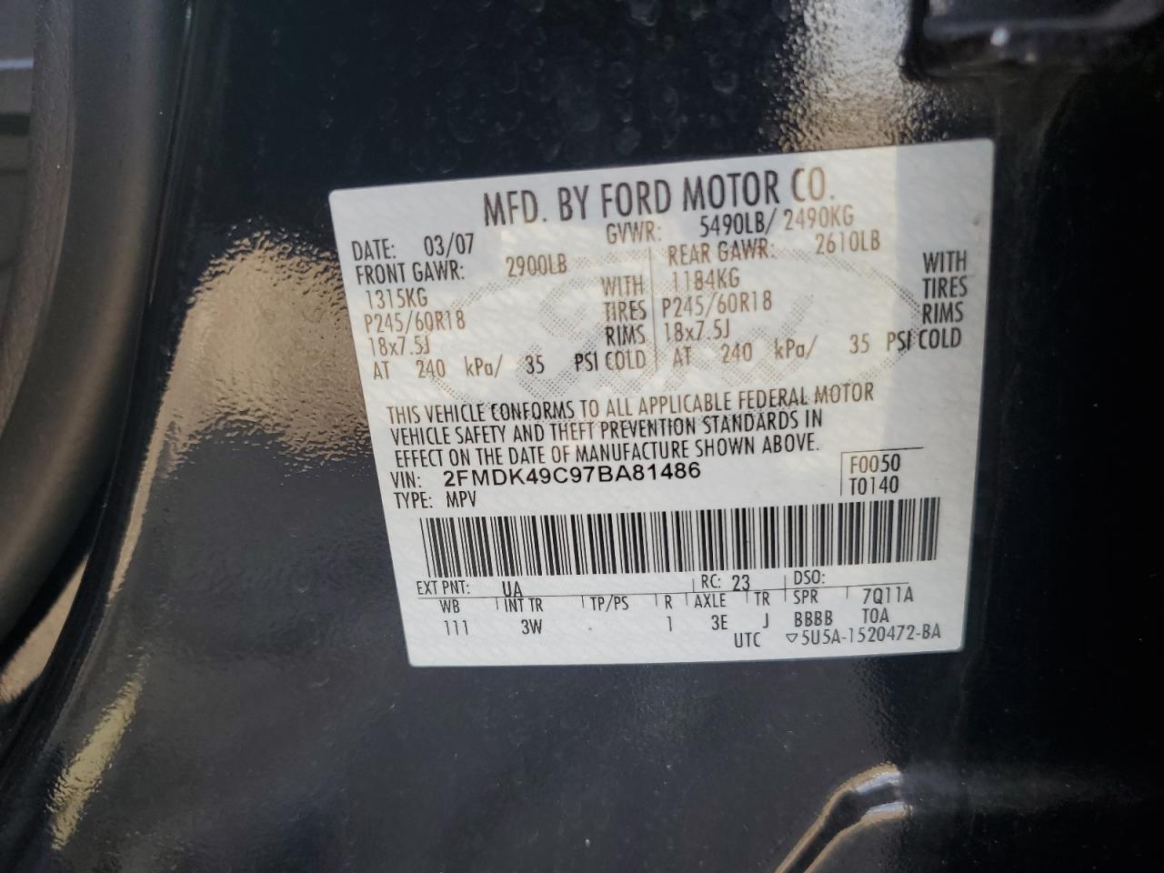 2FMDK49C97BA81486 2007 Ford Edge Sel Plus