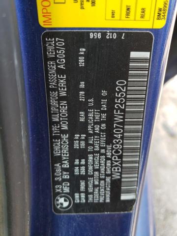 2007 BMW X3 3.0Si VIN: WBXPC93407WF25520 Lot: 56910494