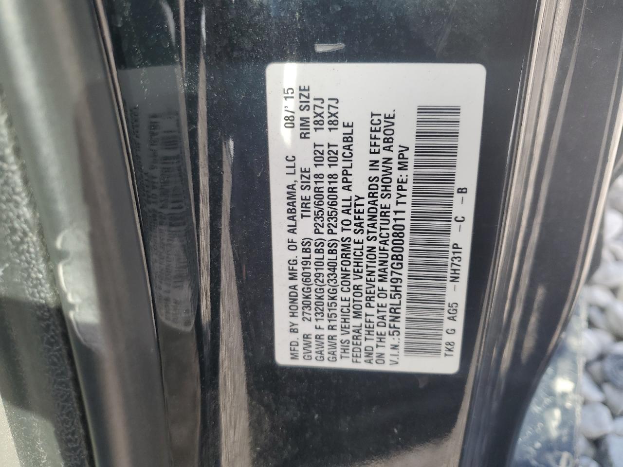 5FNRL5H97GB008011 2016 Honda Odyssey Touring