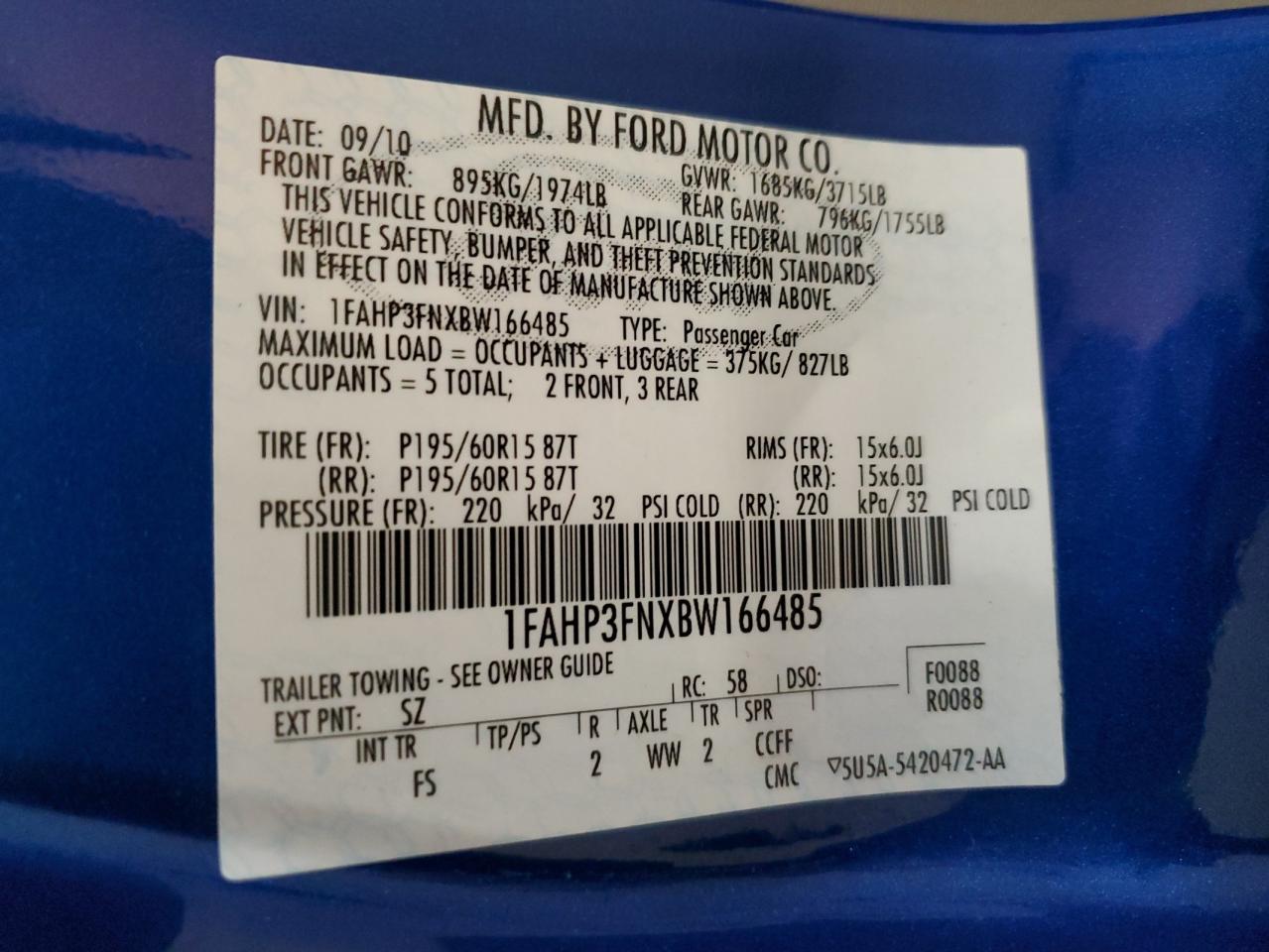 1FAHP3FNXBW166485 2011 Ford Focus Se