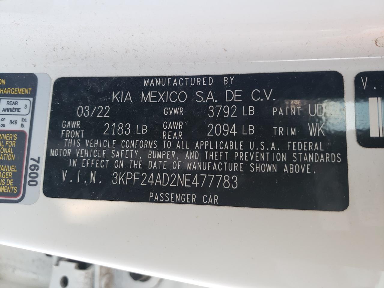 3KPF24AD2NE477783 2022 Kia Forte Fe