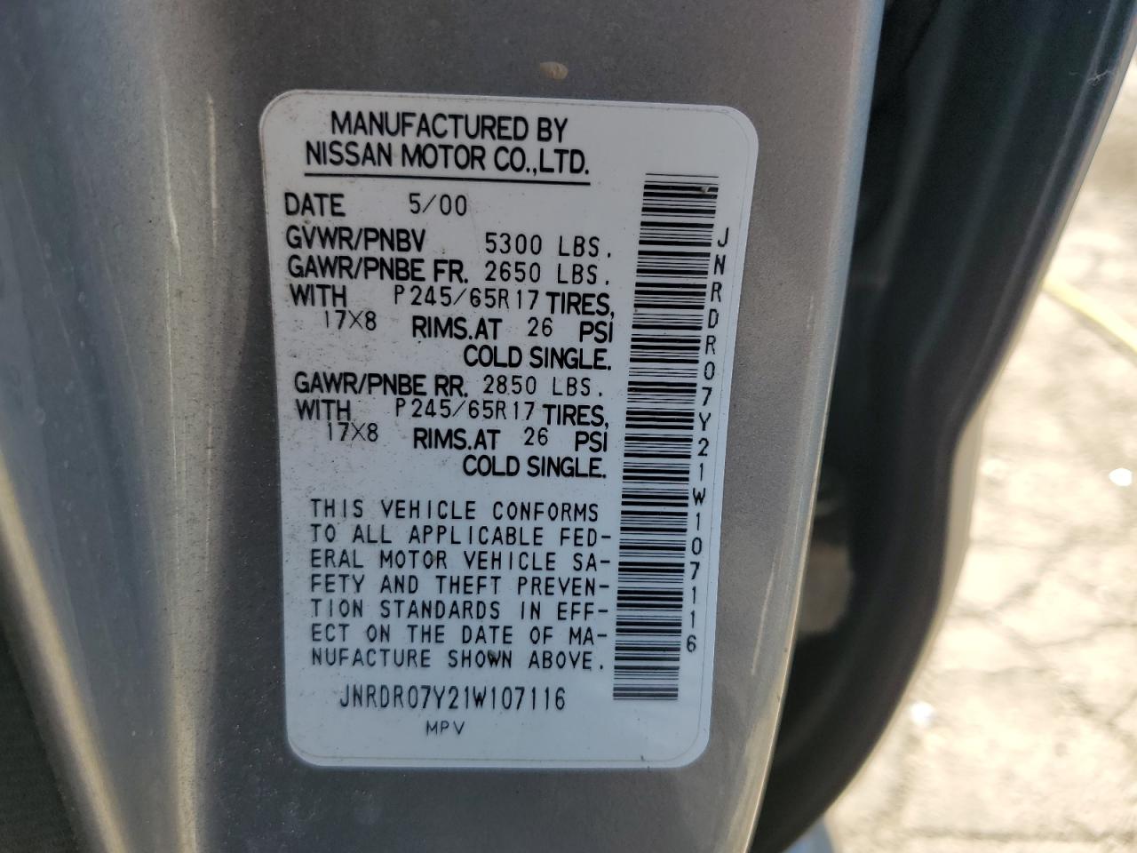 JNRDR07Y21W107116 2001 Infiniti Qx4