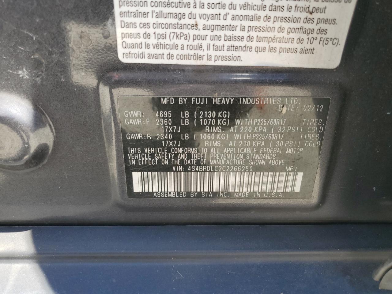 4S4BRDLC2C2266250 2012 Subaru Outback 3.6R Limited