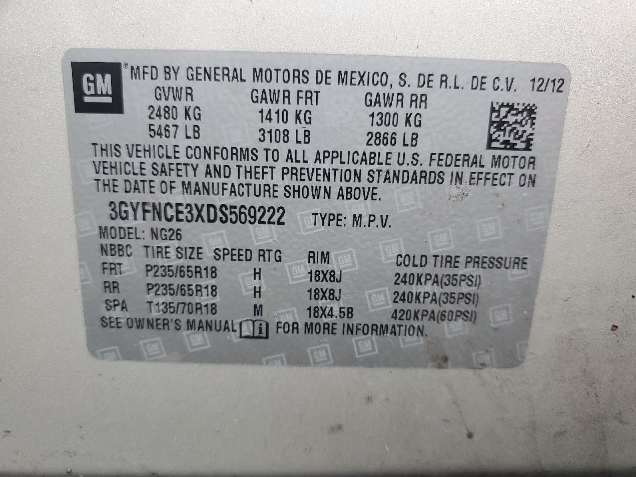 3GYFNCE3XDS569222 2013 Cadillac Srx Luxury Collection