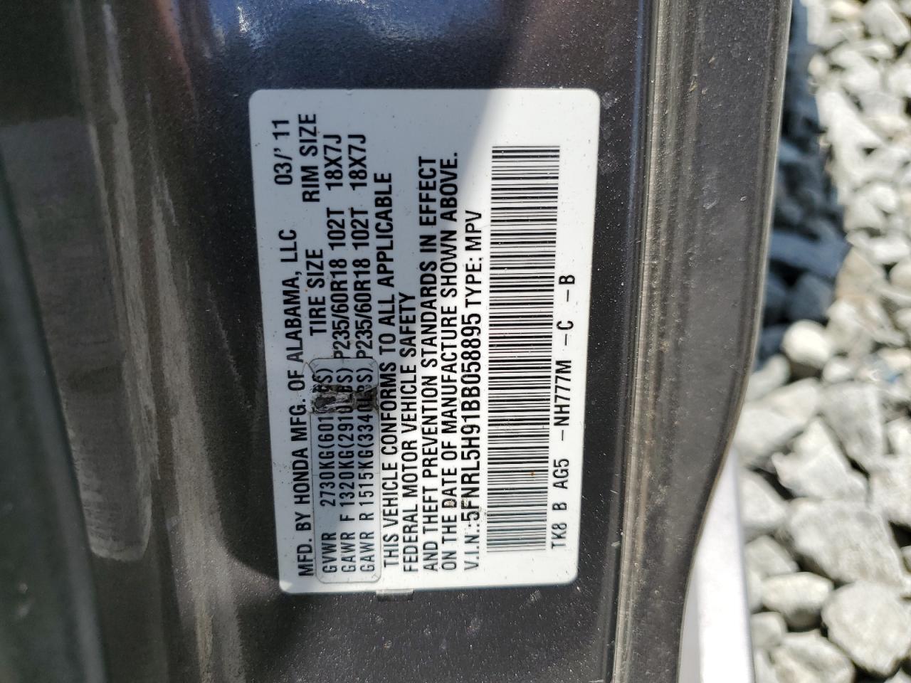 5FNRL5H91BB058895 2011 Honda Odyssey Touring