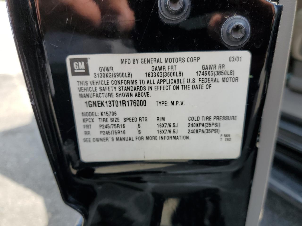 1GNEK13T01R176000 2001 Chevrolet Tahoe K1500