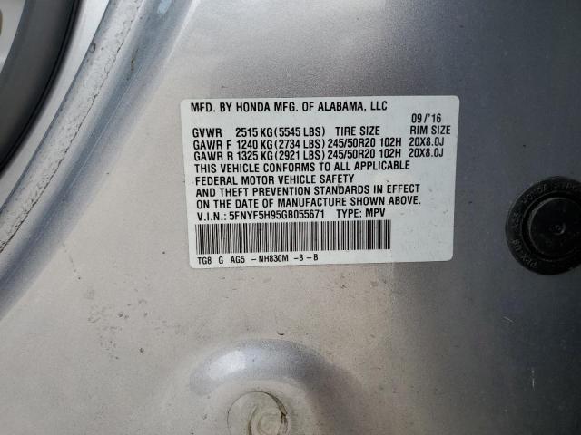 2016 Honda Pilot Touring VIN: 5FNYF5H95GB055671 Lot: 57141434