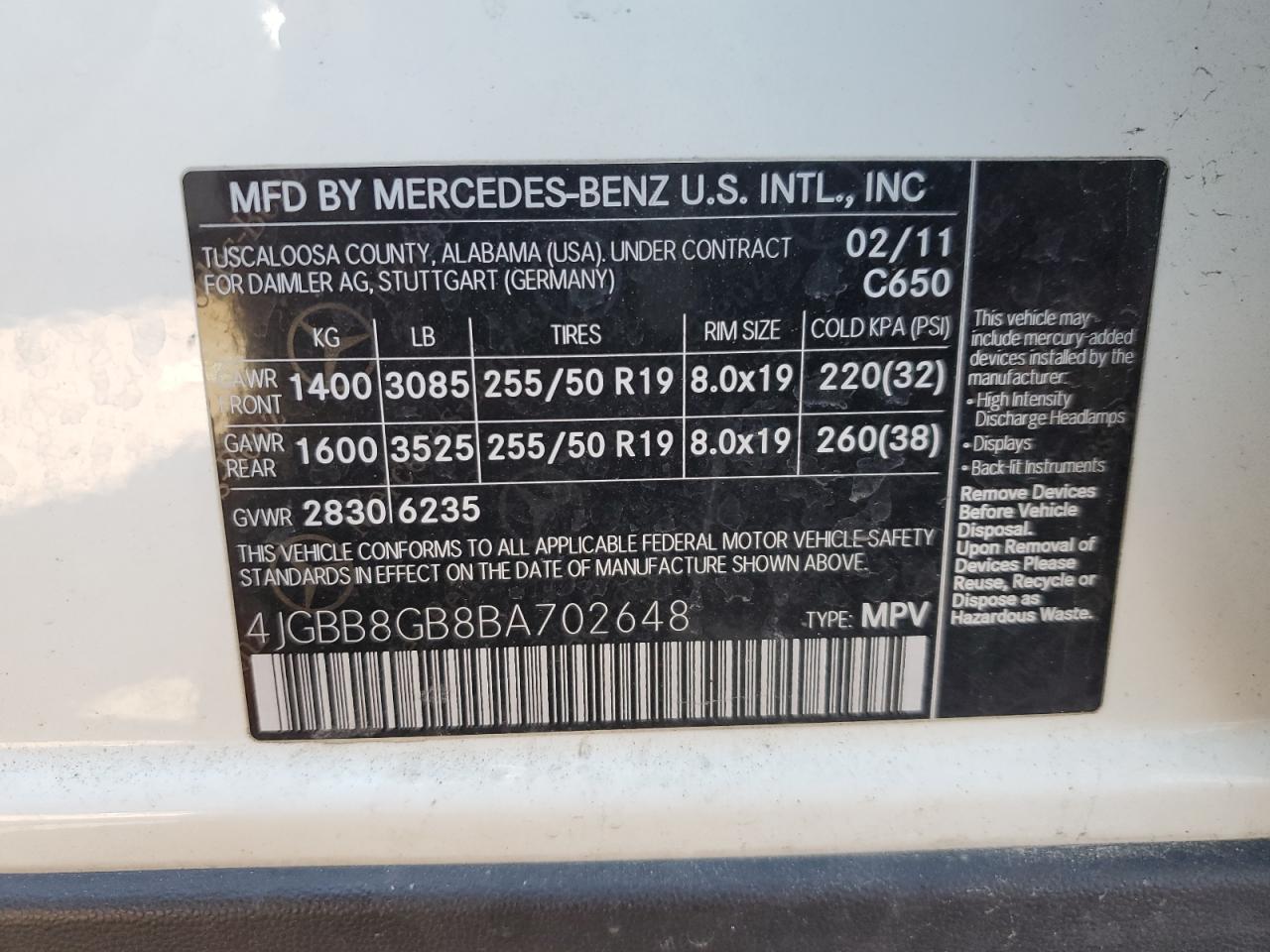 4JGBB8GB8BA702648 2011 Mercedes-Benz Ml 350 4Matic