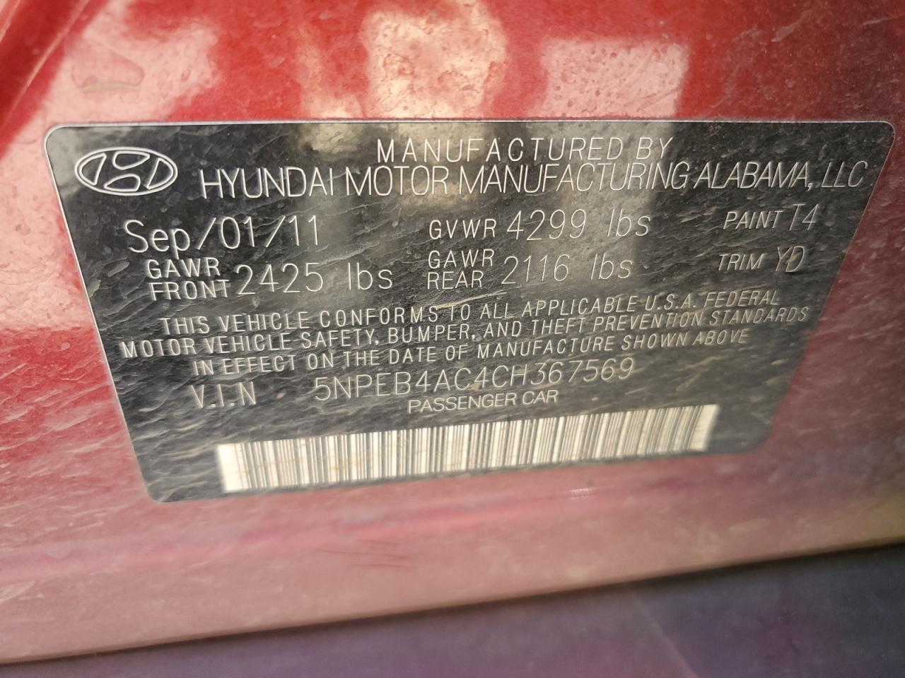 5NPEB4AC4CH367569 2012 Hyundai Sonata Gls