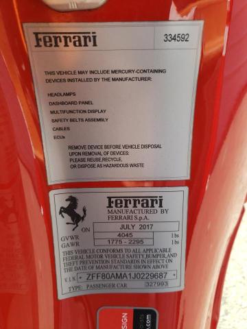 2018 FERRARI 488 SPIDER ZFF80AMA1J0229687