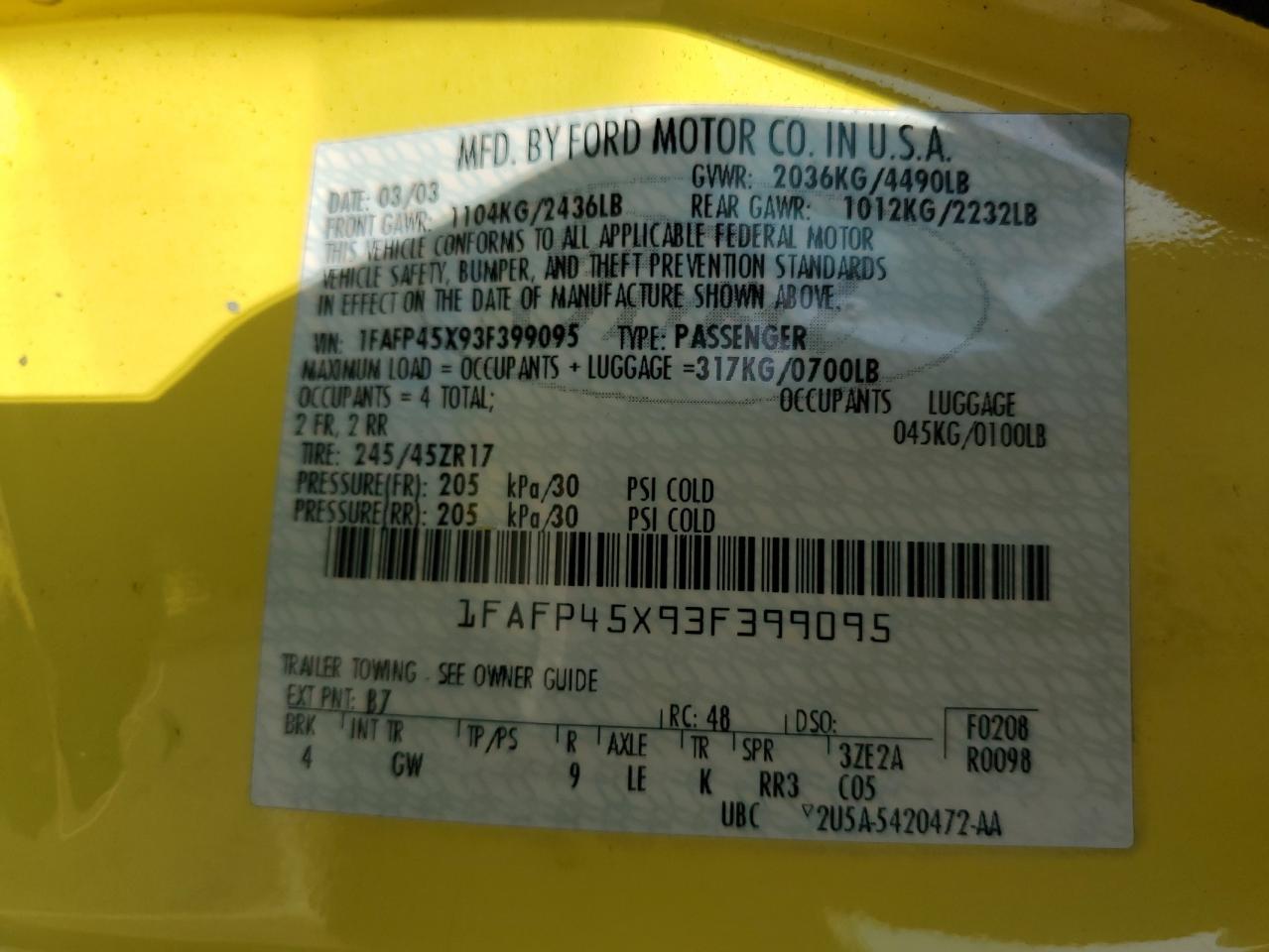 1FAFP45X93F399095 2003 Ford Mustang Gt