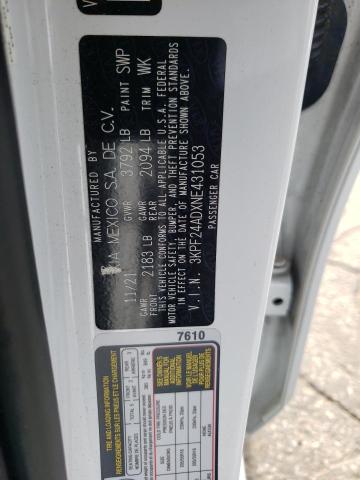 2022 Kia Forte Fe VIN: 3KPF24ADXNE431053 Lot: 59106324