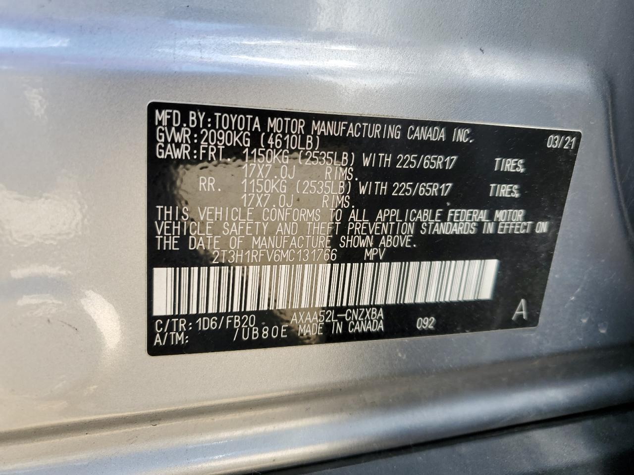 2T3H1RFV6MC131766 2021 Toyota Rav4 Le