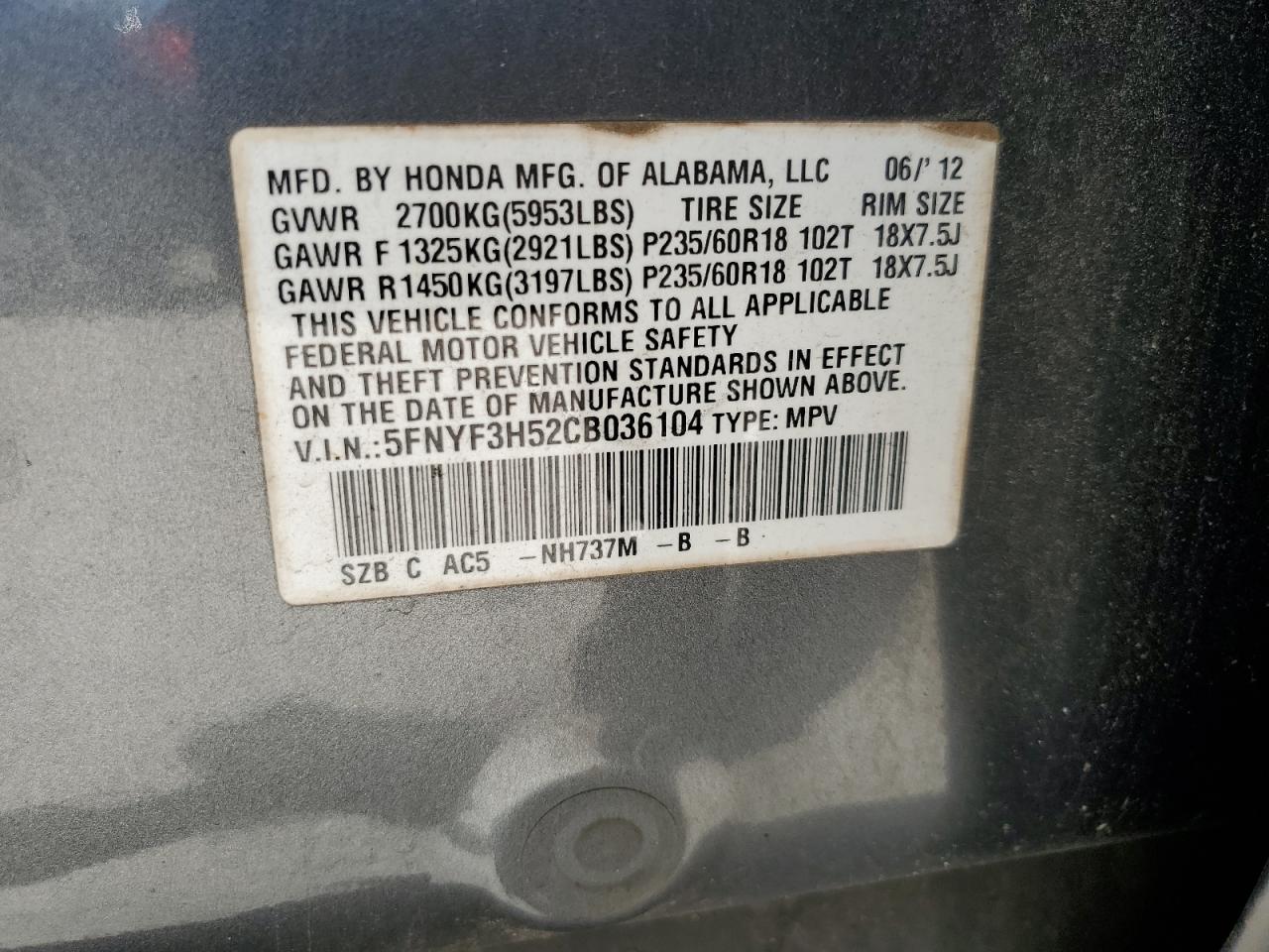 5FNYF3H52CB036104 2012 Honda Pilot Exl