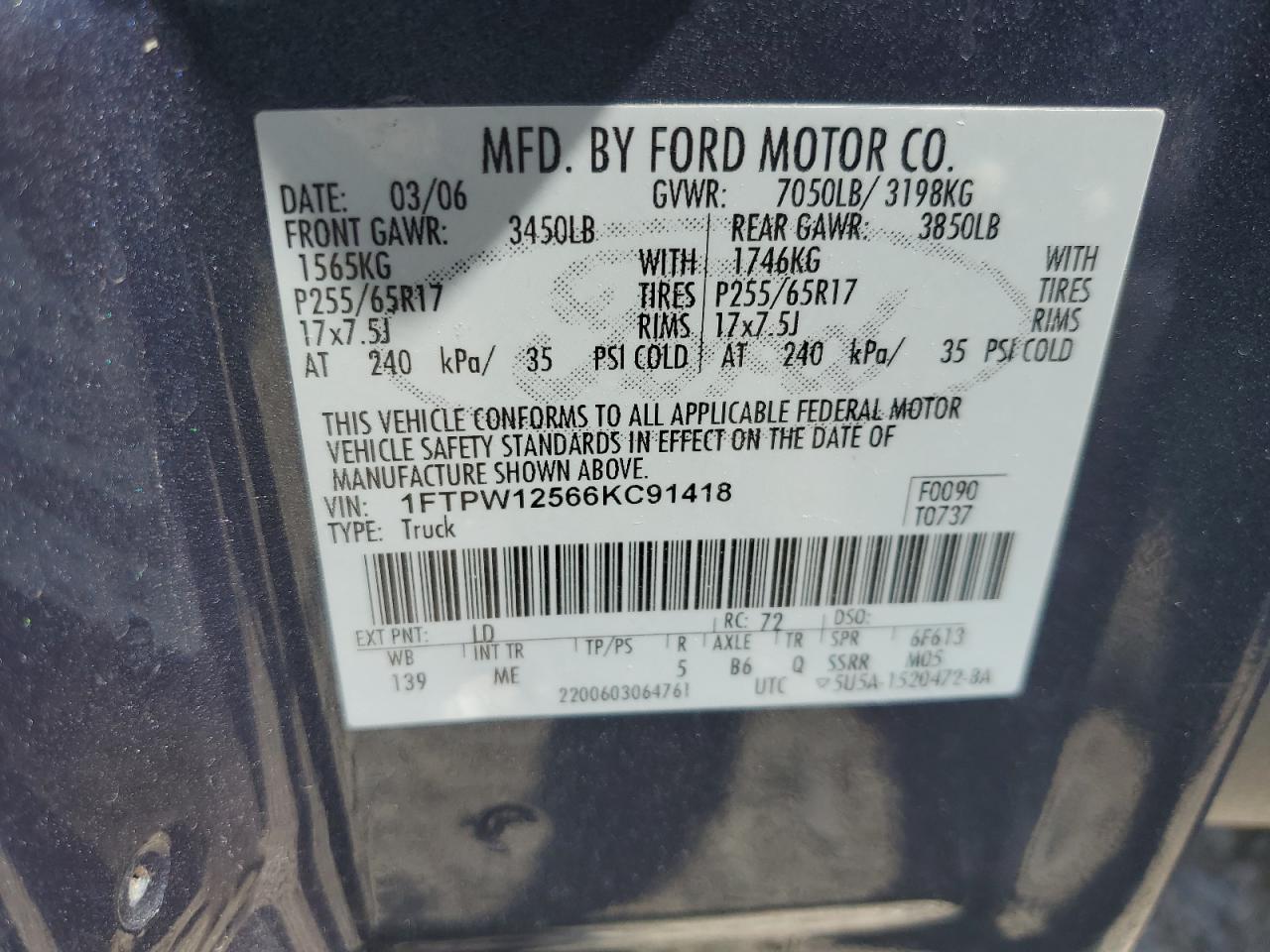 1FTPW12566KC91418 2006 Ford F150 Supercrew