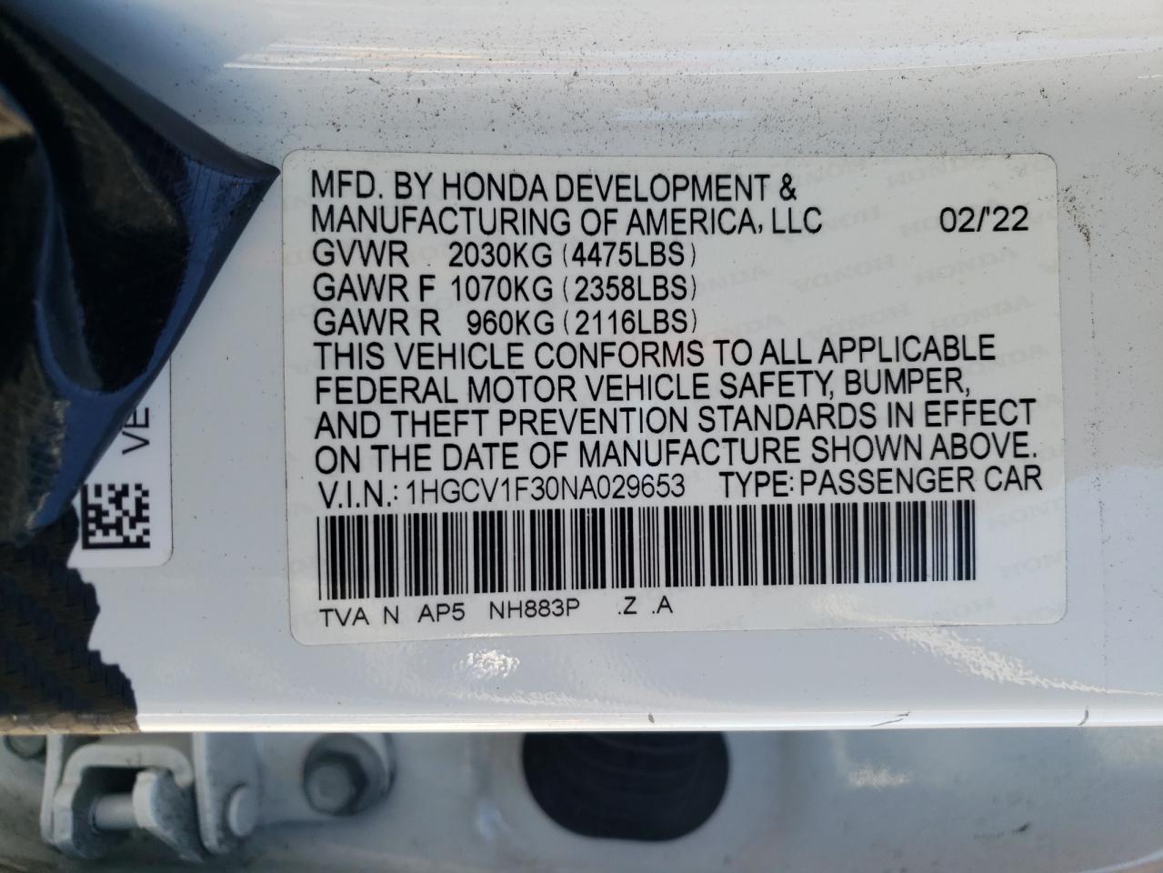 1HGCV1F30NA029653 2022 Honda Accord Sport