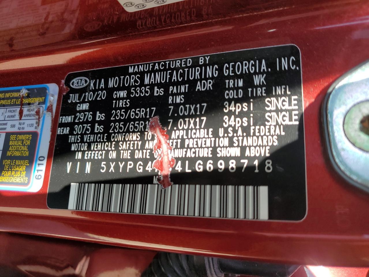 5XYPG4A34LG698718 2020 Kia Sorento L