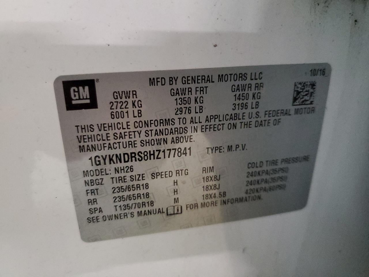 1GYKNDRS8HZ177841 2017 Cadillac Xt5 Luxury