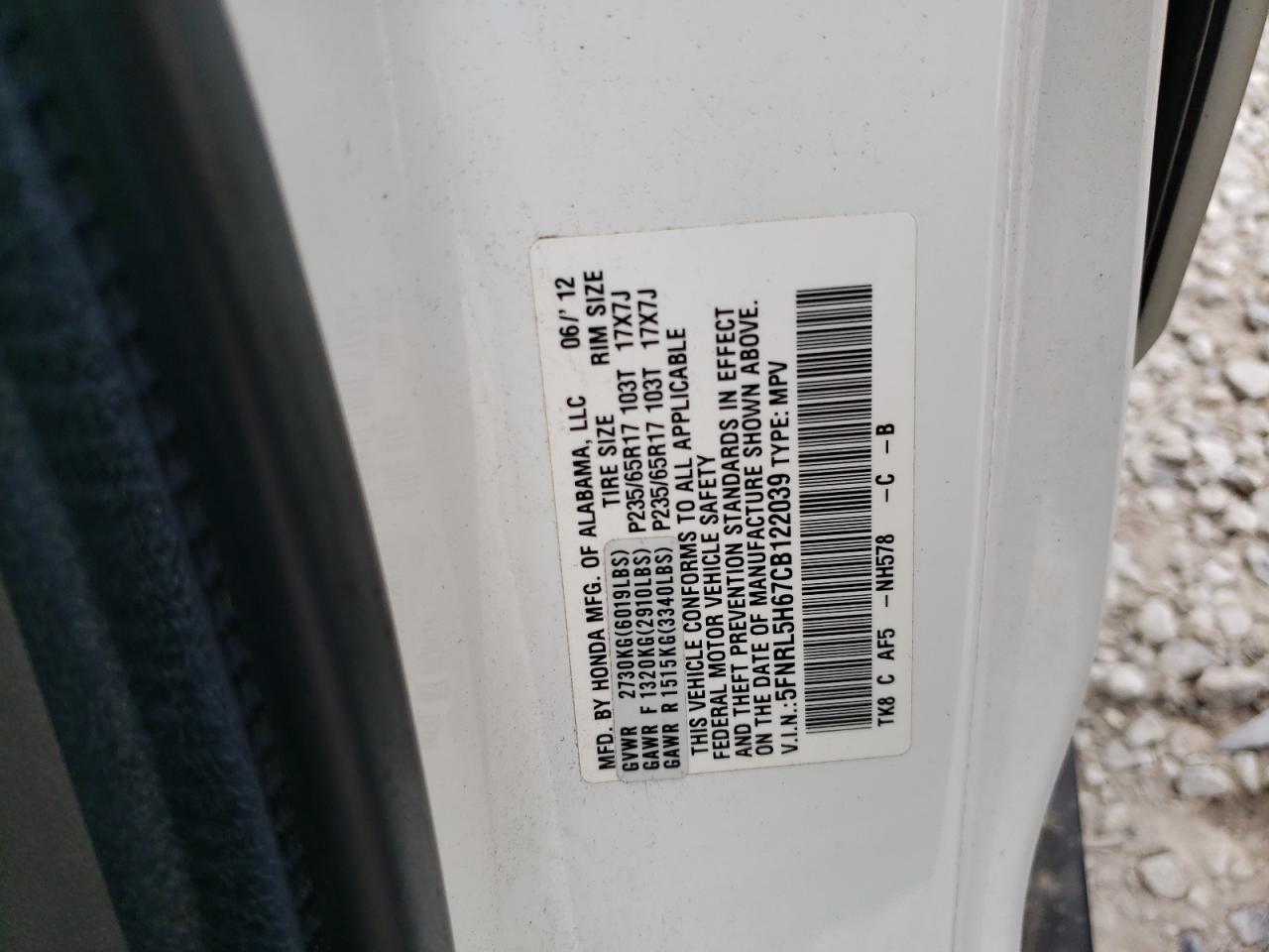 5FNRL5H67CB122039 2012 Honda Odyssey Exl