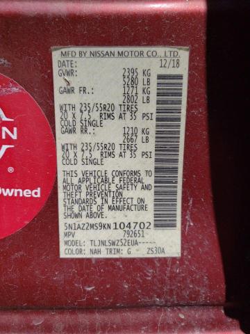 2019 Nissan Murano S VIN: 5N1AZ2MS9KN104702 Lot: 57686414