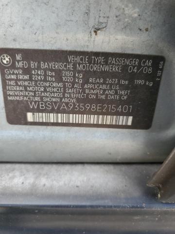 2008 BMW M3 VIN: WBSVA93598E215401 Lot: 58223174
