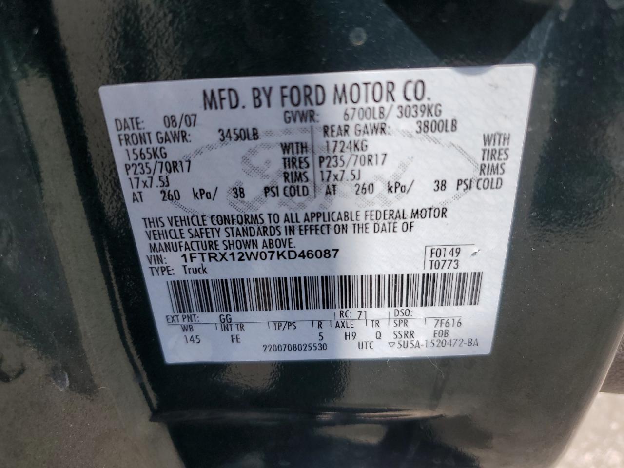 1FTRX12W07KD46087 2007 Ford F150