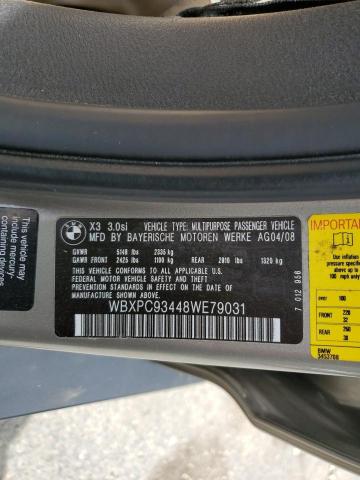 2008 BMW X3 3.0Si VIN: WBXPC93448WE79031 Lot: 58692504