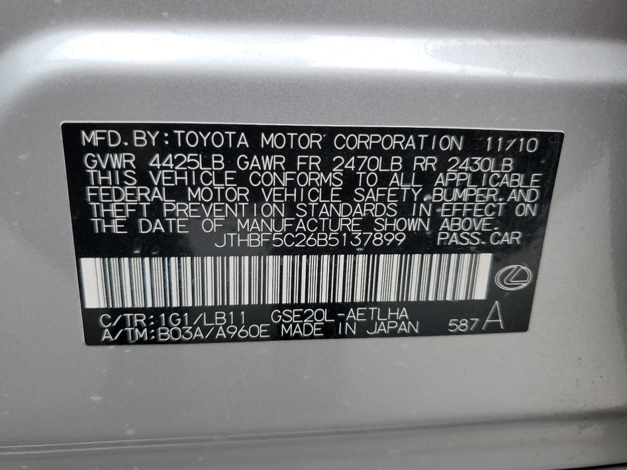 JTHBF5C26B5137899 2011 Lexus Is 250