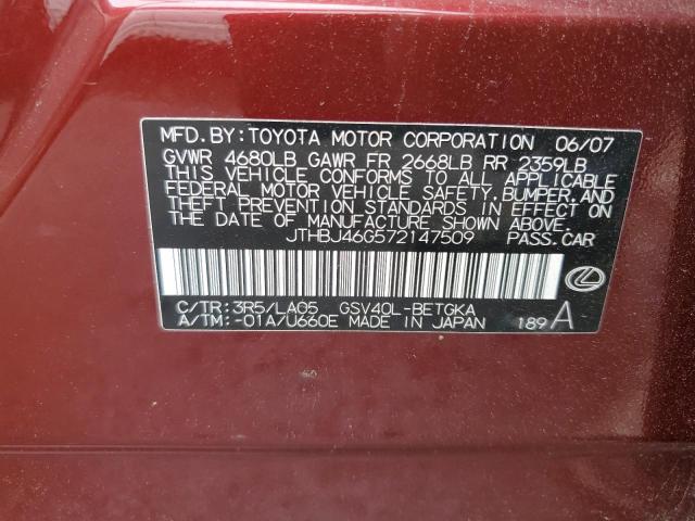 2007 Lexus Es 350 VIN: JTHBJ46G572147509 Lot: 57812634