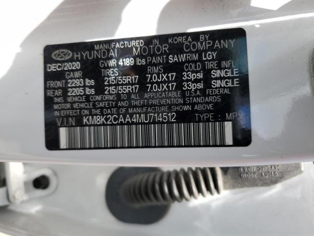 2021 Hyundai Kona Sel VIN: KM8K2CAA4MU714512 Lot: 57618534