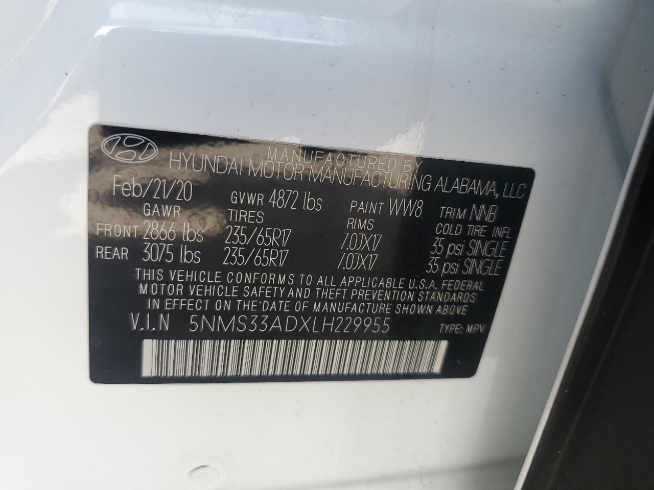 5NMS33ADXLH229955 2020 Hyundai Santa Fe Sel