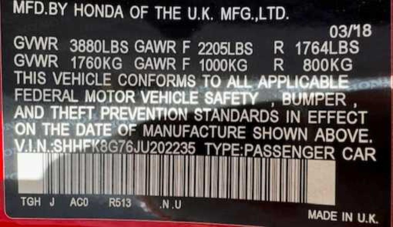 SHHFK8G76JU202235 2018 Honda Civic Type-R Touring