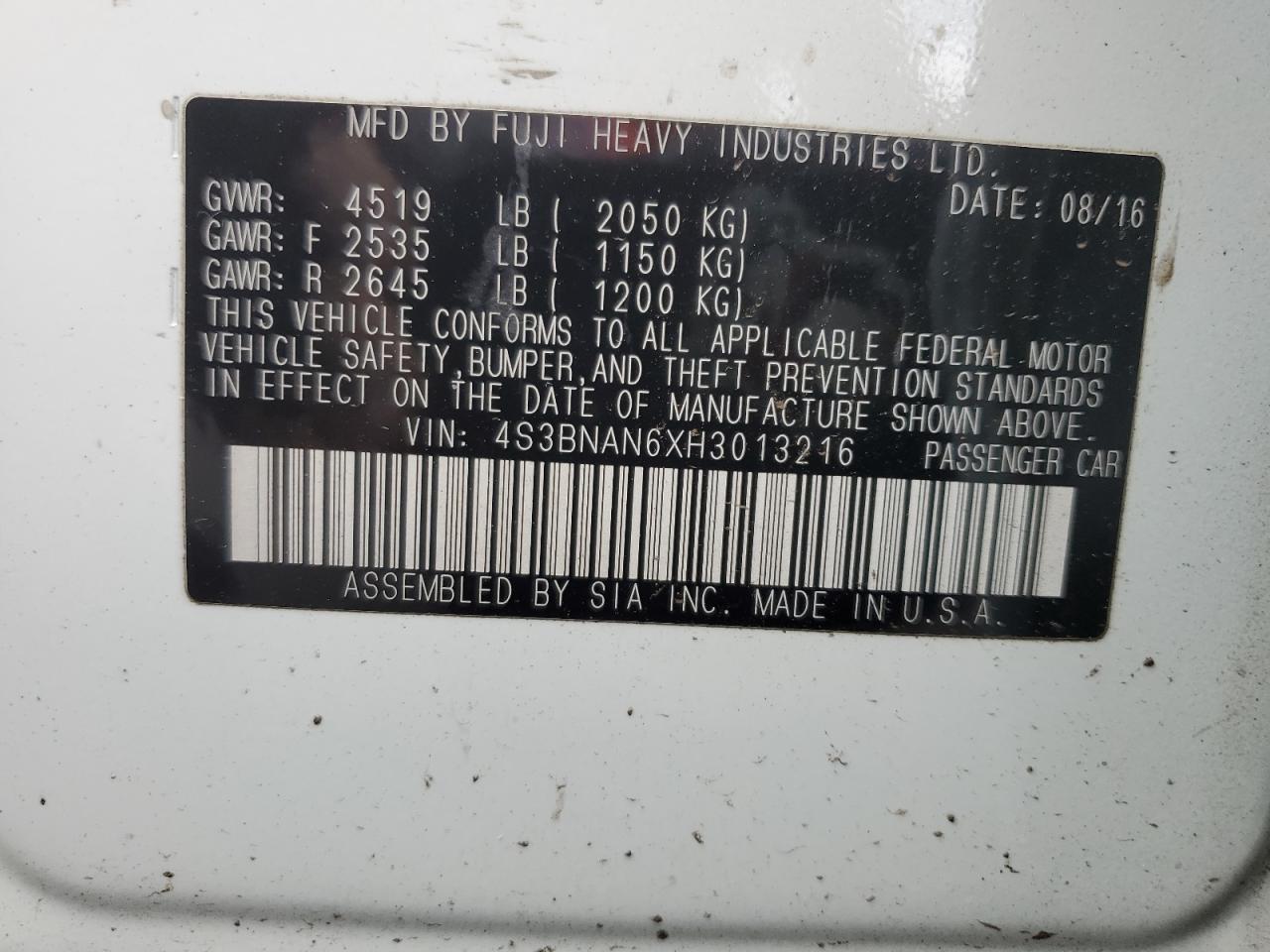 4S3BNAN6XH3013216 2017 Subaru Legacy 2.5I Limited